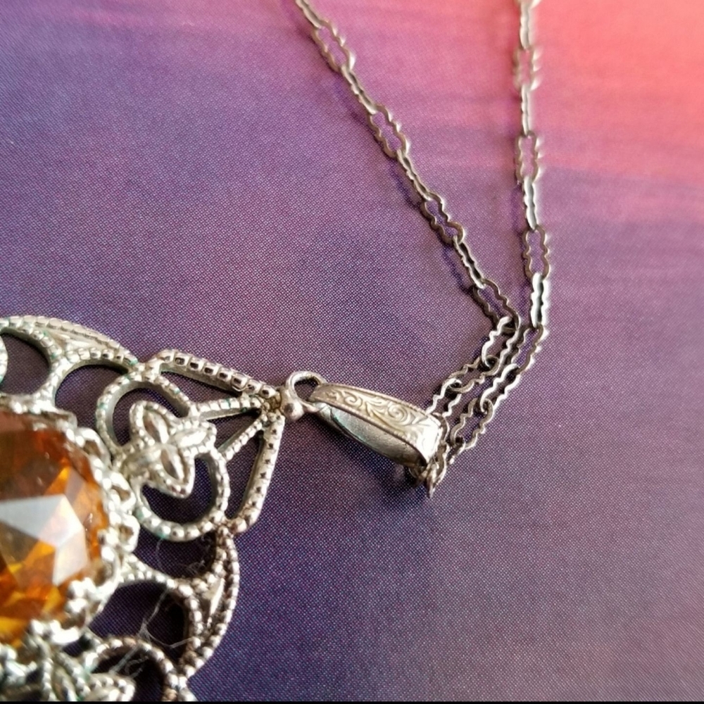 Vintage necklace yellow glass art deco silver tone filigree jewelry - Picture 9 of 12